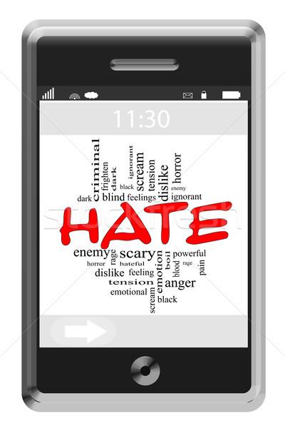 Gyűlölet szófelhő érintőképernyő telefon nagyszerű érzések Stock fotó © mybaitshop