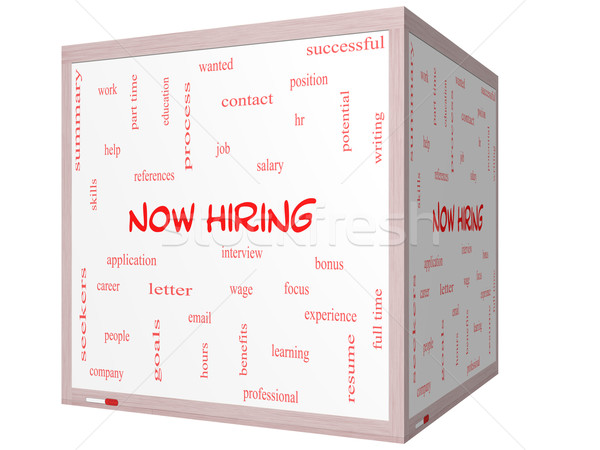 Now Hiring Word Cloud Concept on a 3D cube Whiteboard Stock photo © mybaitshop