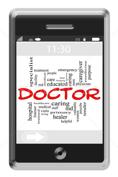 [[stock_photo]]: Médecin · nuage · de · mots · écran · tactile · téléphone · magnifique · médecine