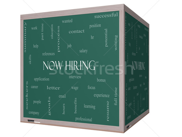 Now Hiring Word Cloud Concept on a 3D cube Blackboard Stock photo © mybaitshop