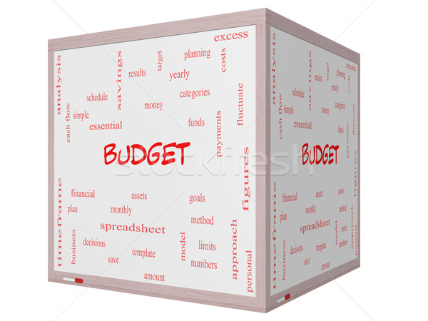 Stock photo: Budget Word Cloud Concept on a 3D cube Whiteboard