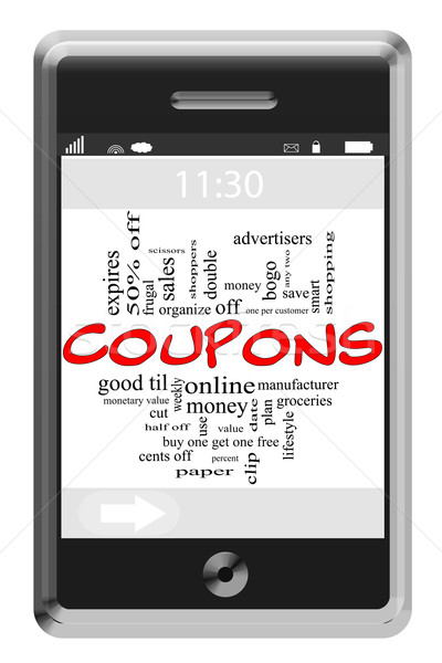 Coupons Word Cloud Concept on Touchscreen Phone Stock photo © mybaitshop