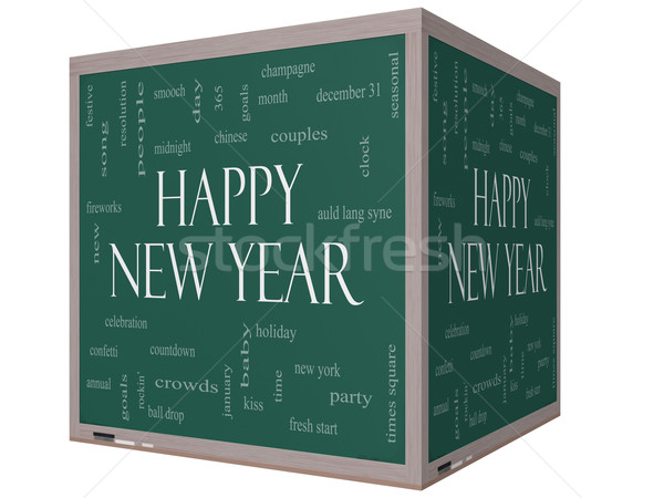 Glückliches neues Jahr Wort-Wolke 3D Würfel Tafel groß Stock foto © mybaitshop