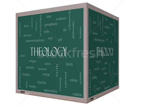 Teología nube de palabras 3D cubo pizarra Foto stock © mybaitshop