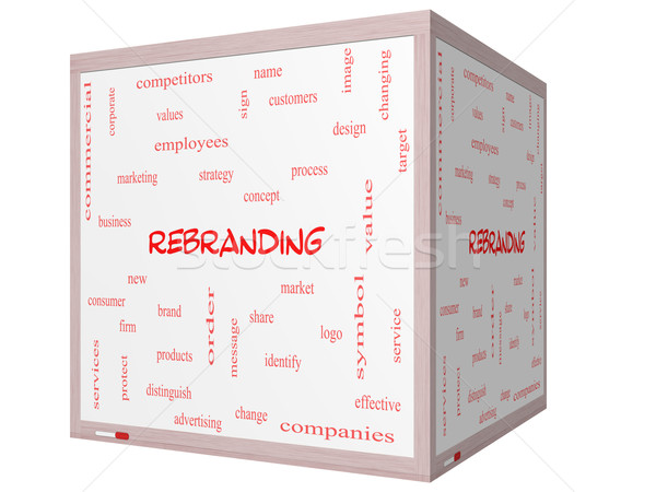 Rebranding Word Cloud Concept on a 3D cube Whiteboard Stock photo © mybaitshop