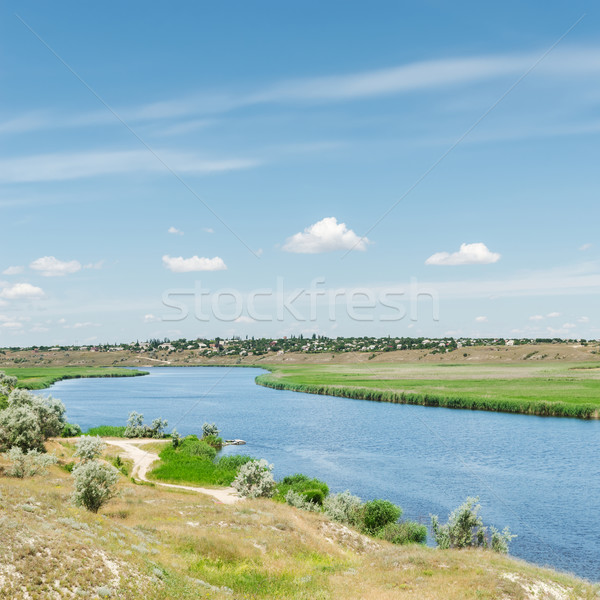 Fluss blauer Himmel Wolken Gras Natur Landschaft Stock foto © mycola