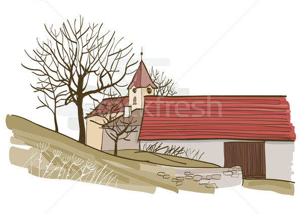 Aldeia gráfico comprimido céu casa árvore Foto stock © MyosotisRock