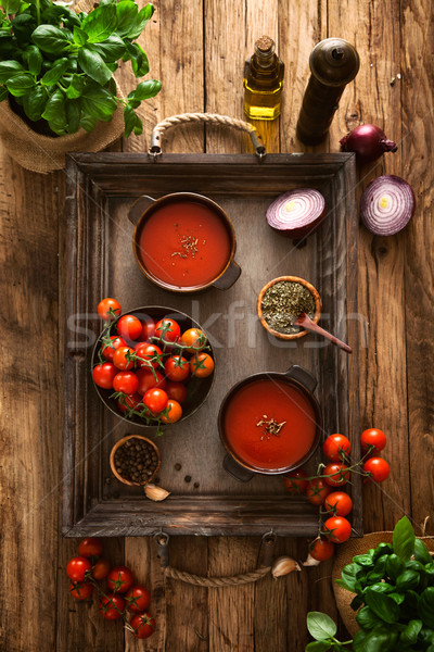 Paradicsomleves házi készítésű paradicsomok gyógynövények fűszer kényelem Stock fotó © mythja