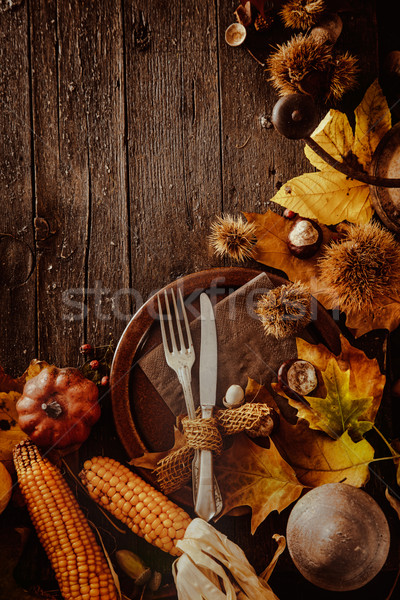 Stok fotoğraf: Şükran · Günü · akşam · yemeği · sonbahar · meyve · plaka · çatal · bıçak · takımı