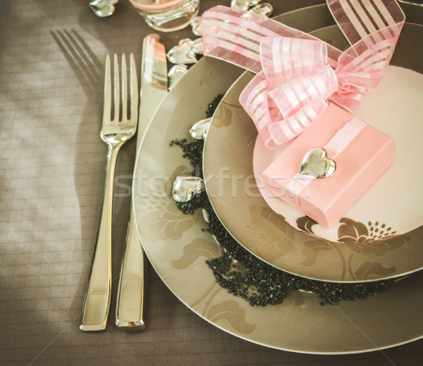 Restaurant series. Valentines day dinner with table setting in pink and gray and holiday elegant hea Stock photo © mythja