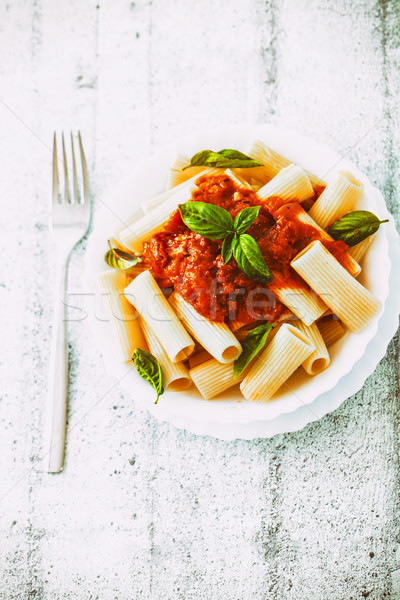 Pasta Tomatensauce Basilikum Gabel italienisches Essen mediterrane Küche Stock foto © mythja