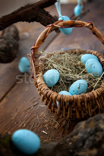 Pâques bleu oeufs décoration bois fleur [[stock_photo]] © mythja