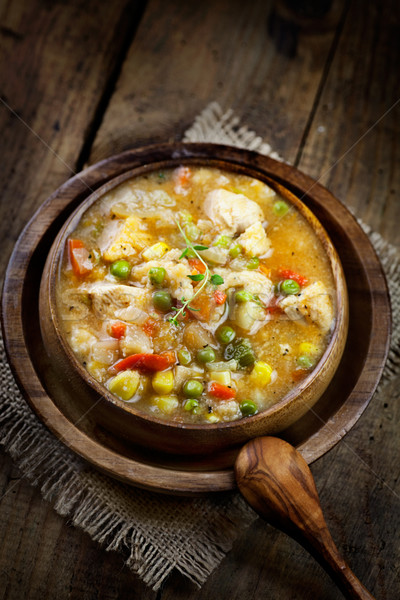 Tyúk pörkölt leves egészséges étkezés étel fa Stock fotó © mythja