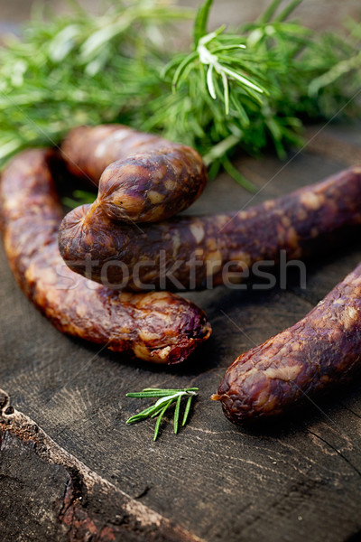 Chorizo Wurst Würstchen getrocknet Holz rustikal Stock foto © mythja