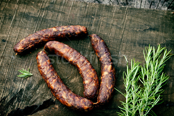 Chorizo salchicha salchichas secado madera rústico Foto stock © mythja