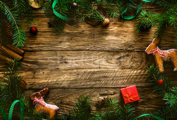 Gingerbread man christmas krans kaart exemplaar ruimte houten Stockfoto © mythja