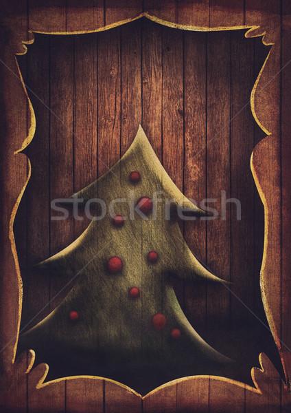 Vintage árvore de natal moldura de madeira desenho animado Foto stock © mythja
