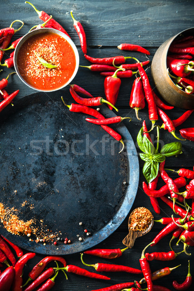 Fresh Red Chili Pepper. Spices on wood Stock photo © mythja