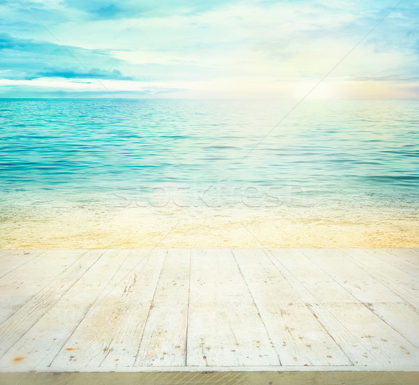 Sommer Holztisch Ozean Sonnenuntergang Holz Planken Stock foto © mythja