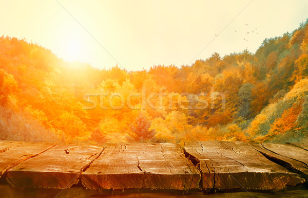 Tabletop with falling leaves. Autumn table with forest. Table in Stock photo © mythja