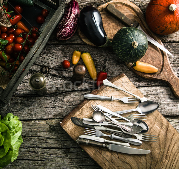 Stock photo: Organic vegetables on wood