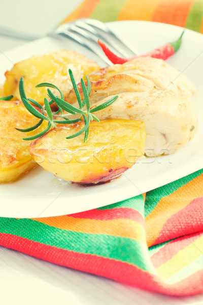Stock foto: Gebacken · Huhn · Kartoffeln · gesunde · Ernährung · knusprig