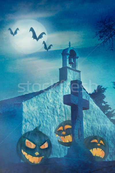 Foto stock: Halloween · ilustração · lol · abóboras · assustador · cemitério