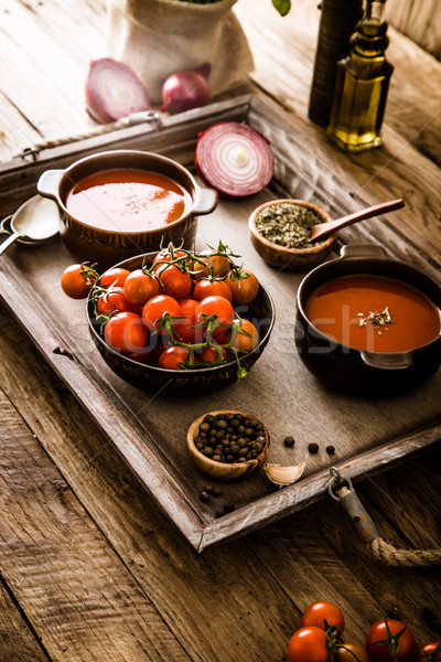 Tomatensuppe Holz hausgemachte Tomaten Kräuter Gewürze Stock foto © mythja