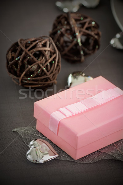 Restaurant series. Valentines day dinner with table setting in pink and gray and holiday elegant hea Stock photo © mythja