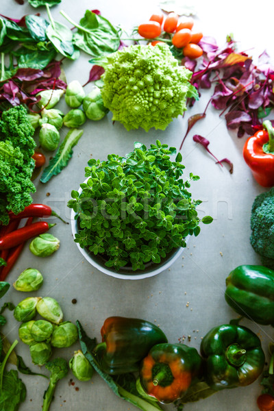 Fresh vegetables flatlay overhead frame. Food layout. Vegetables variety Stock photo © mythja