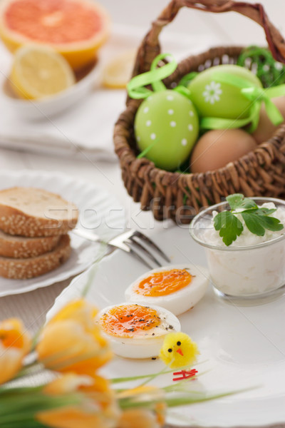 Stockfoto: Traditioneel · Pasen · ontbijt · tabel · gekookt · eieren
