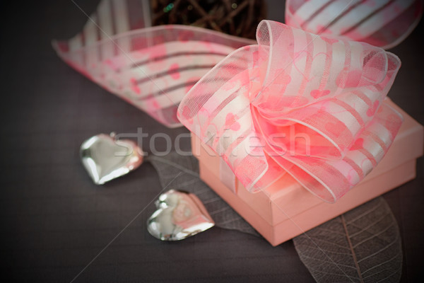 Restaurant series. Valentines day dinner with table setting in pink and gray and holiday elegant hea Stock photo © mythja