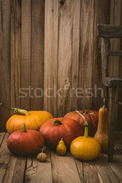 Pompoenen variëteit dankzegging oud hout najaar vruchten Stockfoto © mythja
