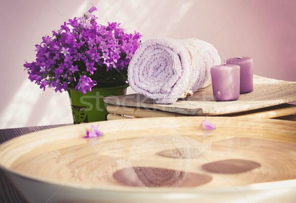 Stockfoto: Paars · spa · natuurlijke · wellness · bloemen · handdoek