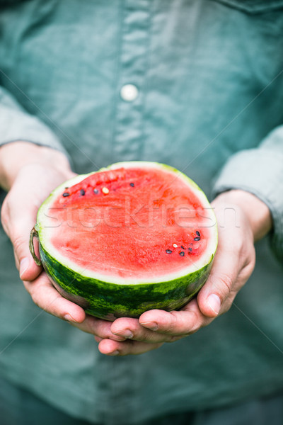 Watermeloen handen zomer oogst boeren vers Stockfoto © mythja