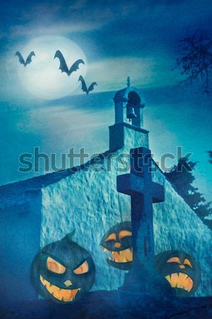 Szörnyű halloween illusztráció ijesztő temető kereszt Stock fotó © mythja