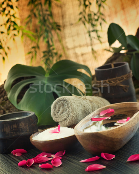 溫泉 自然 玫瑰 水 毛巾 木 商業照片 © mythja
