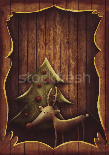 Christmas card - Rudolph with tree in wooden frame Stock photo © mythja
