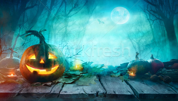 Stockfoto: Halloween · scary · pompoenen · hout · nacht · bos