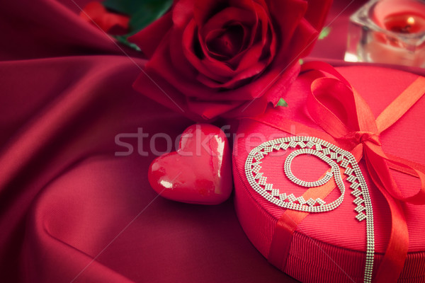 Stock photo: Luxury necklace  on red present