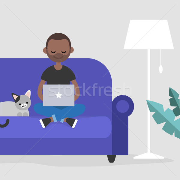 Young black freelancer working at home / flat editable vector il Stock photo © nadia_snopek