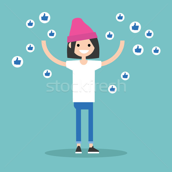 Young successful girl surrounded by like symbols raising her han Stock photo © nadia_snopek