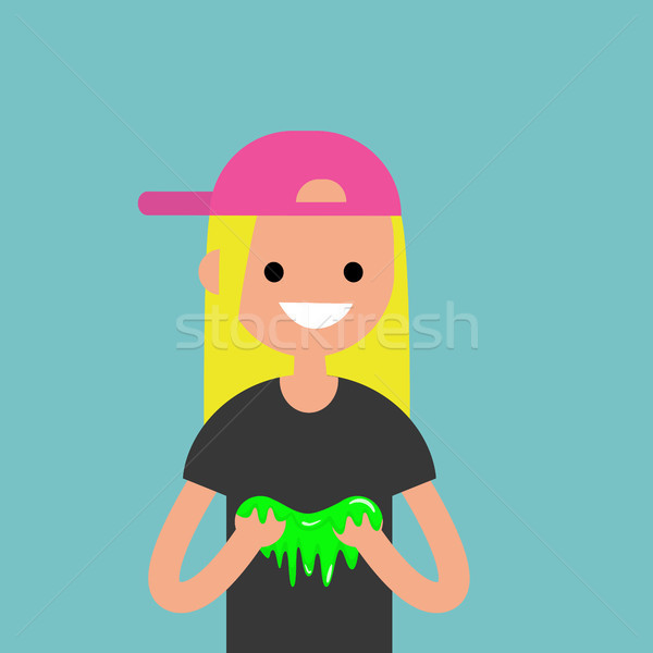 Stock photo: Young female character playing with a slime / flat editable vect