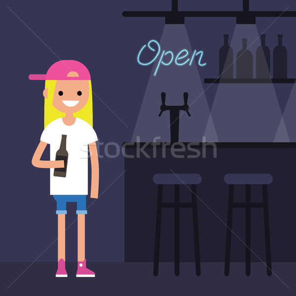 Stock photo: Young female character drinking beer in a bar / flat editable ve