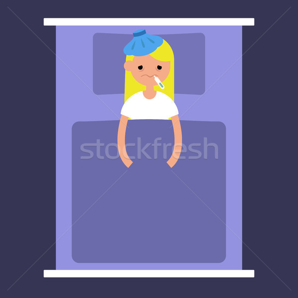 Sick blond girl lying under the blanket with an ice pack on her  Stock photo © nadia_snopek