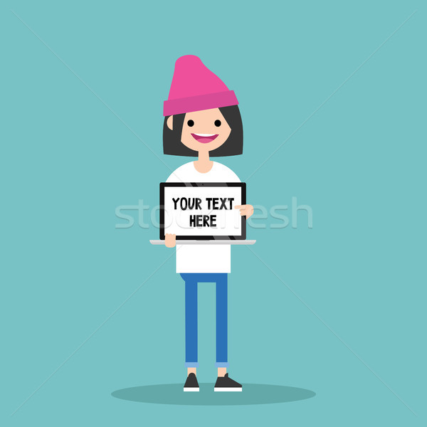 Your text here. Young character holding a laptop / flat editable Stock photo © nadia_snopek
