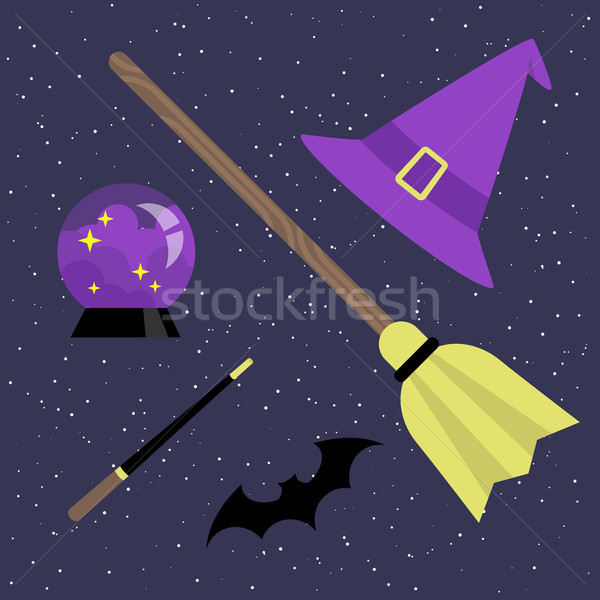 Witch set: broomstick, hat, magic ball, bat and magic wand / fla Stock photo © nadia_snopek