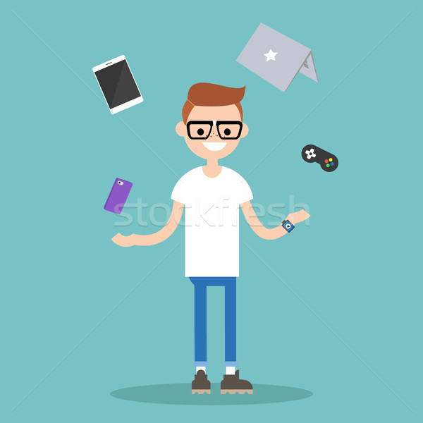 Young nerd juggling electronic devices / editable flat vector il Stock photo © nadia_snopek