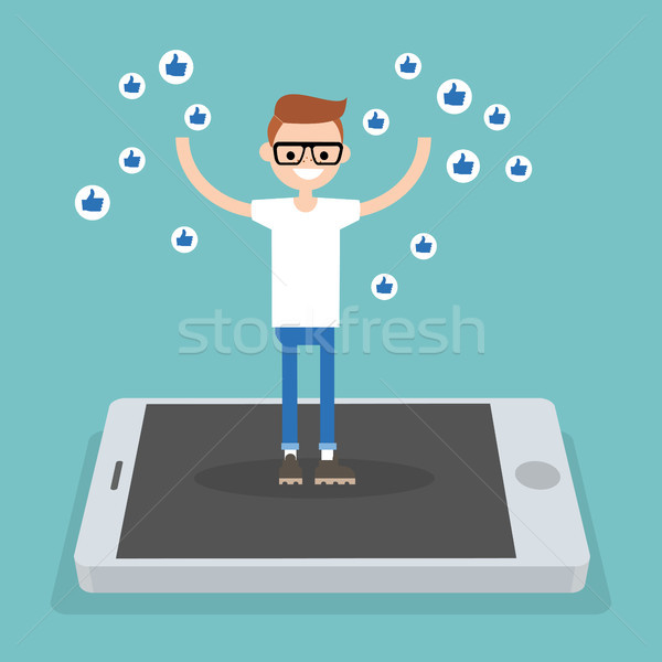 Young successful boy standing on mobile screen and raising his h Stock photo © nadia_snopek