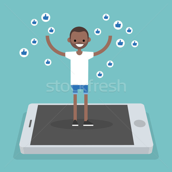 Young successful black man standing on mobile screen and raising Stock photo © nadia_snopek
